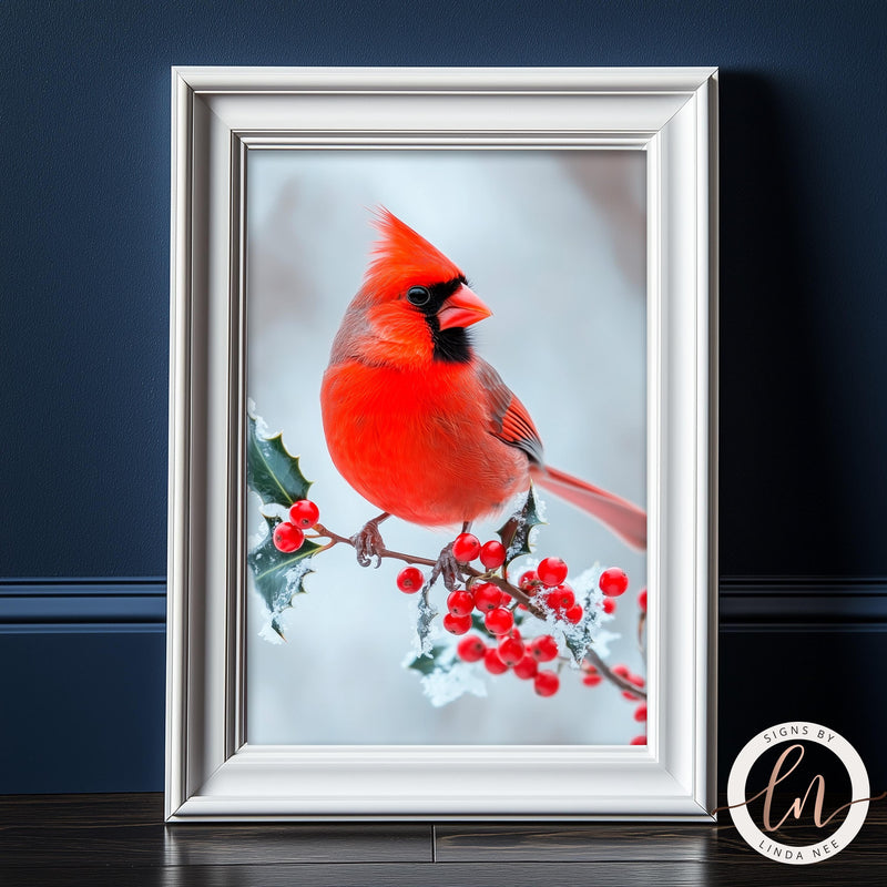 a picture of a cardinal sitting on a branch with berries