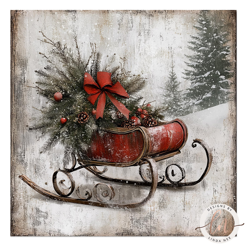 a painting of a sleigh with christmas decorations