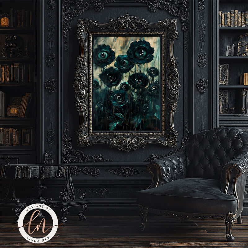 Dark Botanical Goth Print - Macabre Black Flowers with Eyes Wall Art Print - Available on Metal or Fine Art Paper - Designs by Linda Nee