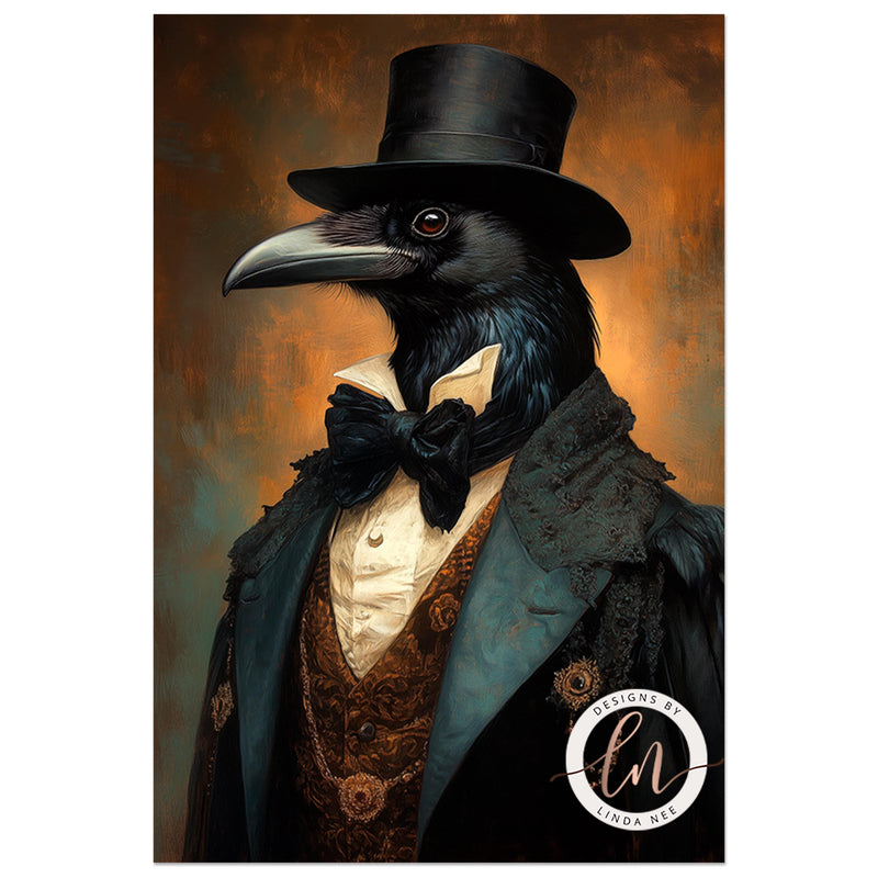 a painting of a black bird wearing a top hat