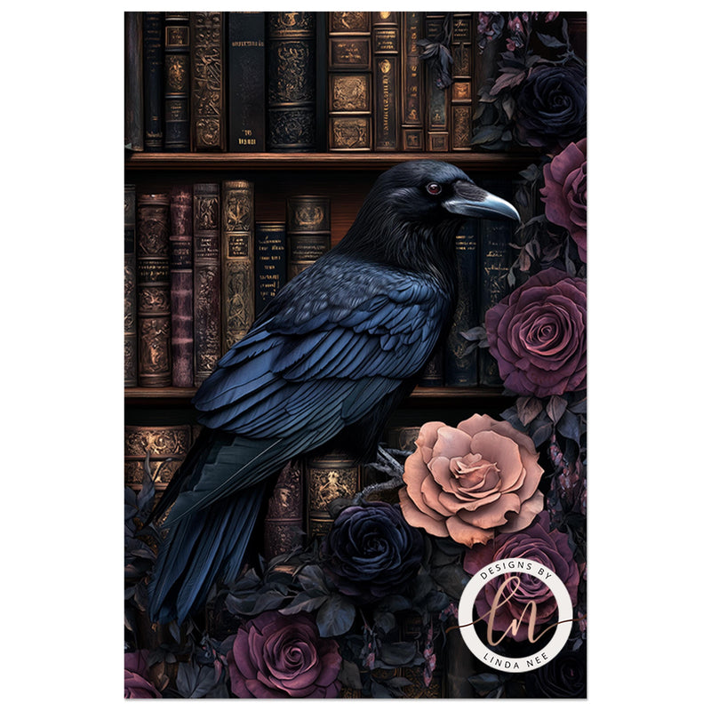 a black bird sitting on top of a book shelf