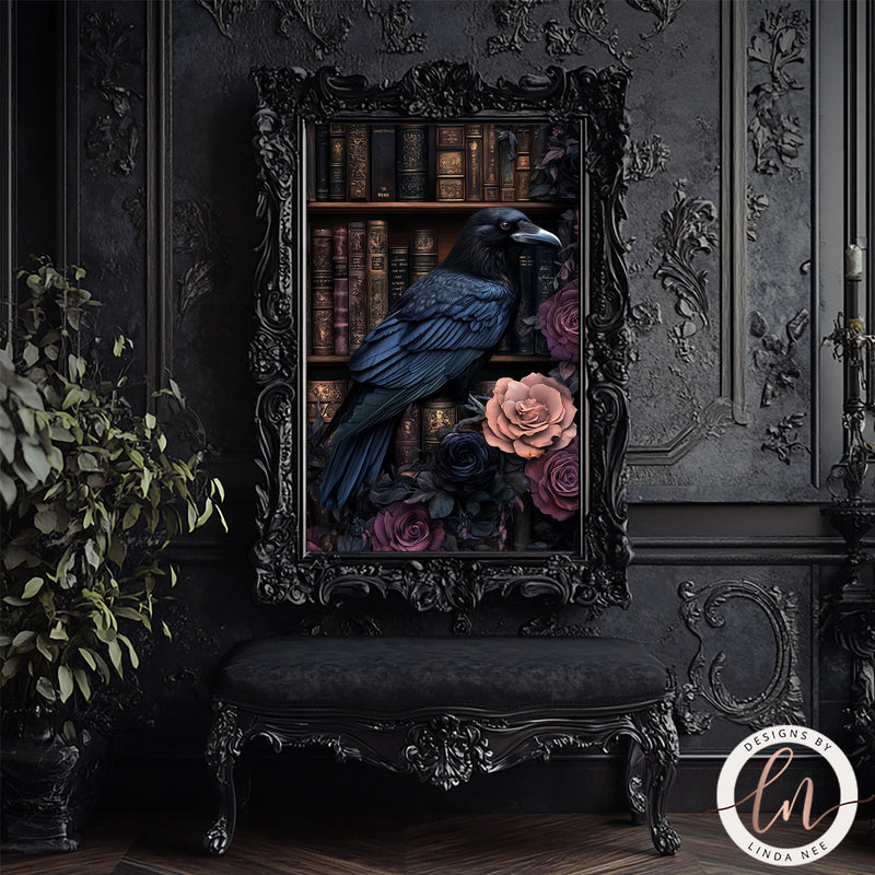 a black bird sitting on top of a book shelf