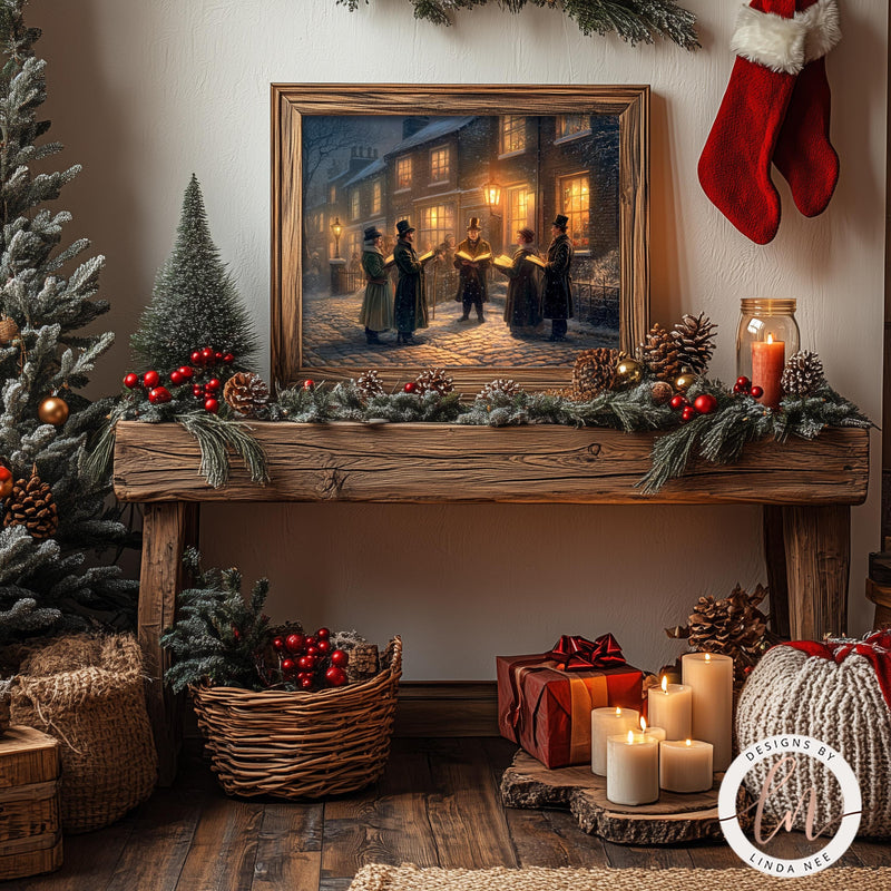 a painting of people in a town by a christmas tree