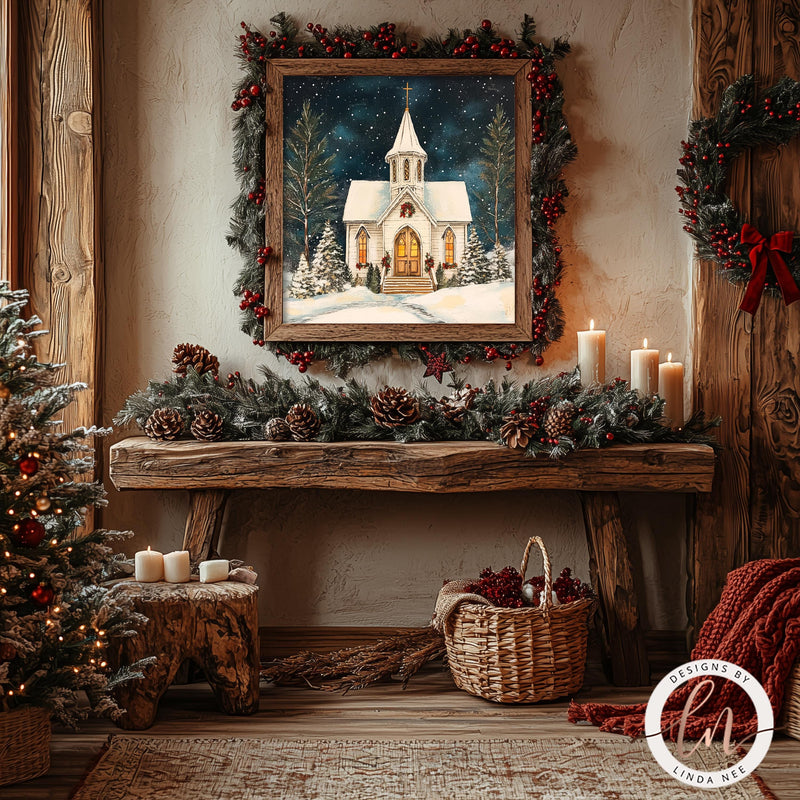 a christmas scene with a fireplace and a painting of a church