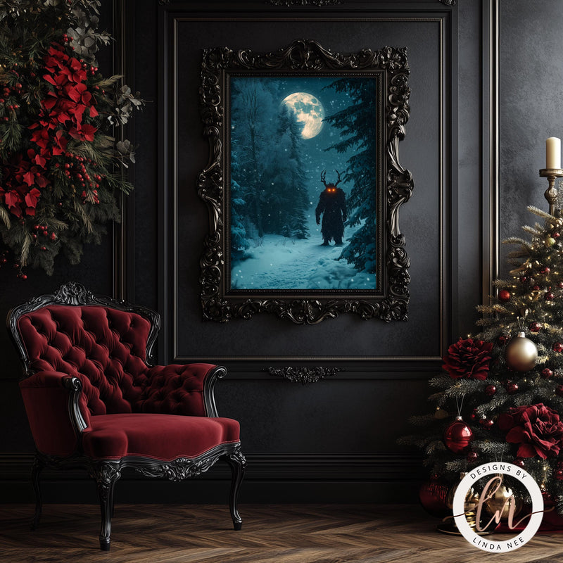 a room with a christmas tree and a painting on the wall