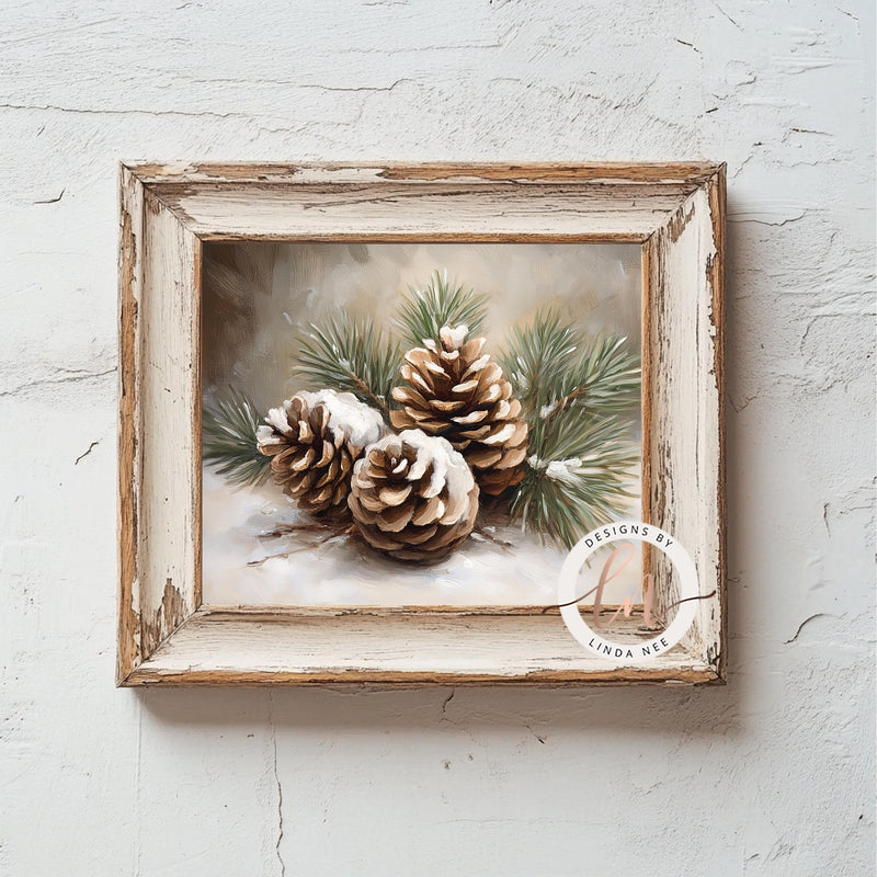 Vintage Pinecone Still Life Painting Wall Art Print - Available on Metal or Fine Art Paper - Designs by Linda Nee