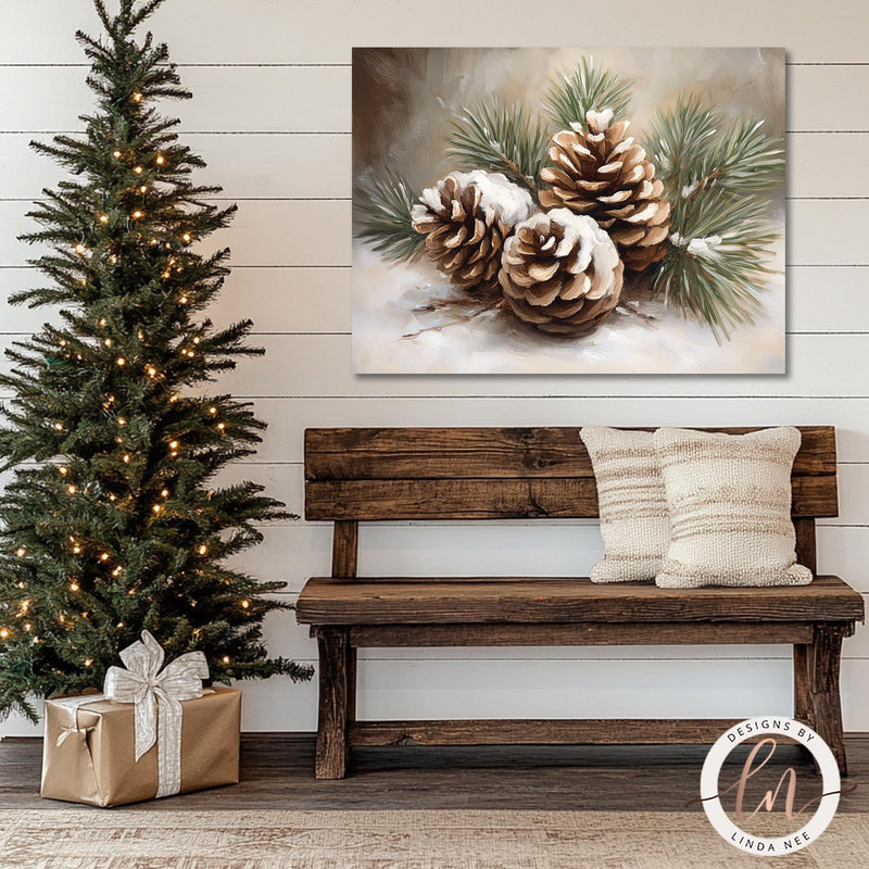 Vintage Pinecone Still Life Painting Wall Art Print - Available on Metal or Fine Art Paper - Designs by Linda Nee