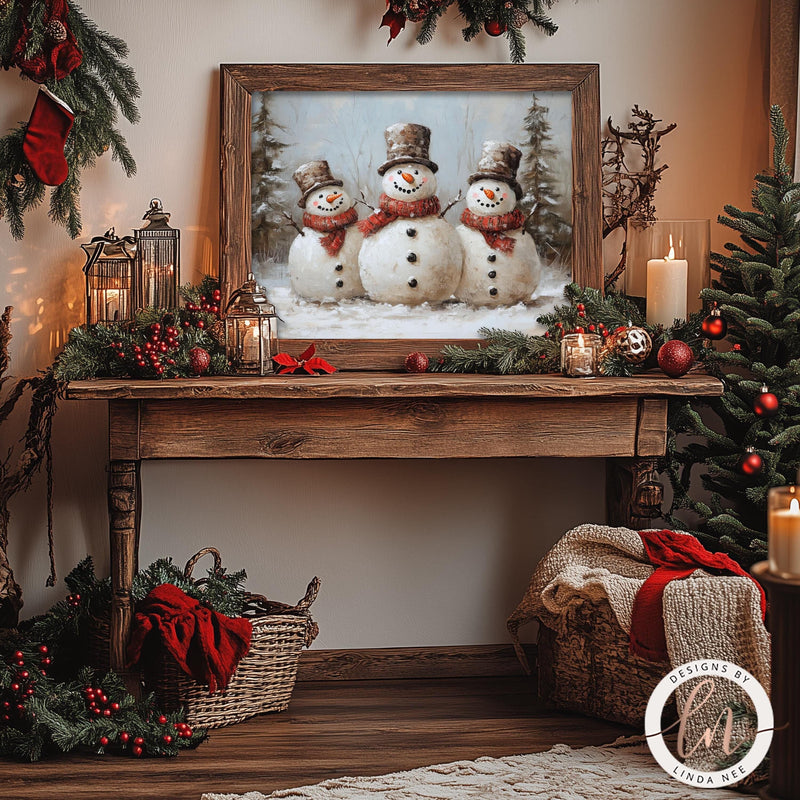 Vintage Snowman Christmas Wall Art Print - Available on Metal or Fine Art Paper - Designs by Linda Nee