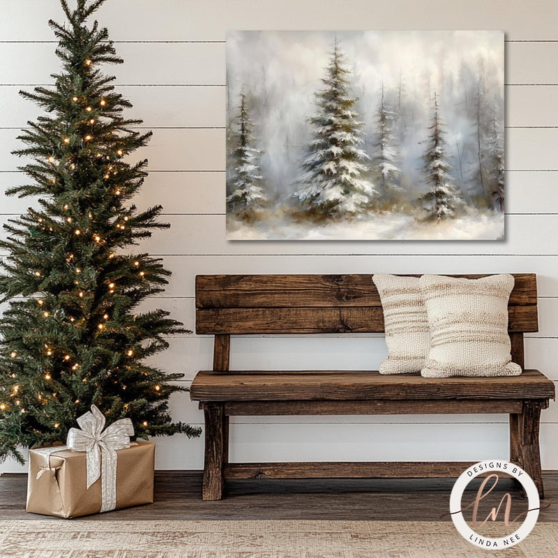 Snowy Winter Pine Tree Forest Wall Art Print - Available on Metal or Fine Art Paper - Designs by Linda Nee