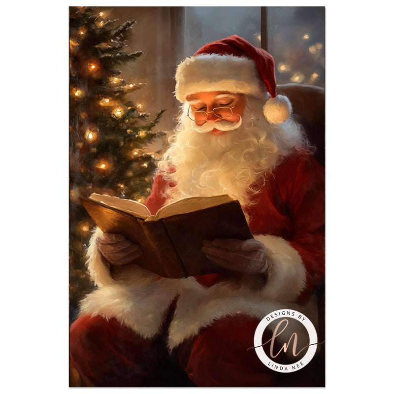 Vintage Santa Reading Twas the Night Before Christmas Oil Painting Wall Art Print - Available on Metal or Fine Art Paper - Designs by Linda Nee