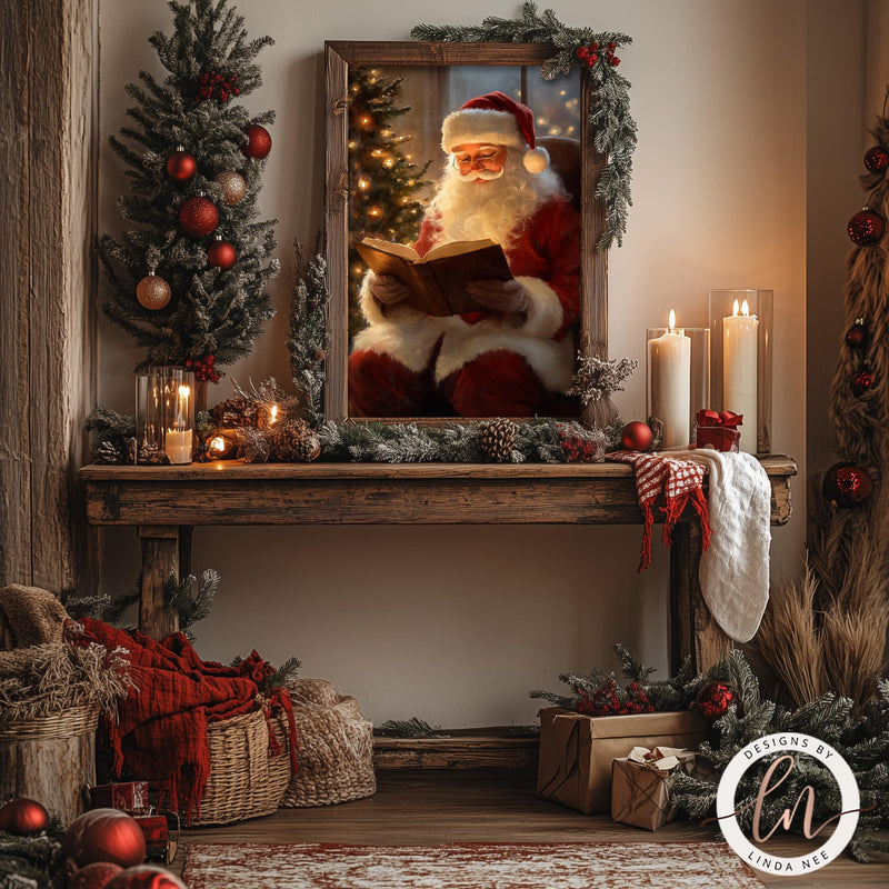 Vintage Santa Reading Twas the Night Before Christmas Oil Painting Wall Art Print - Available on Metal or Fine Art Paper - Designs by Linda Nee