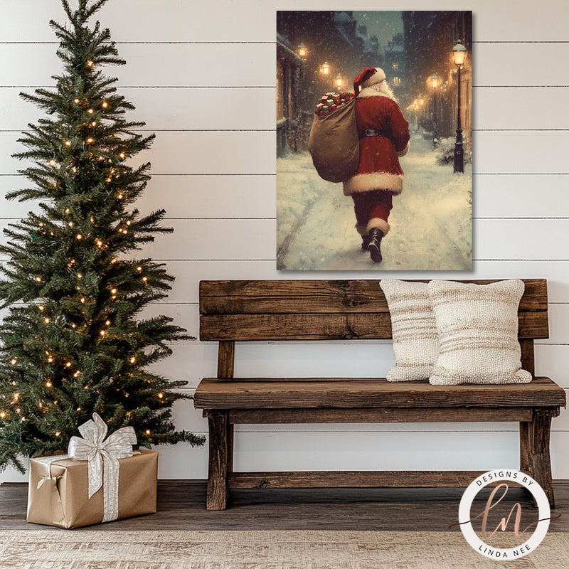 a bench with a christmas tree and a painting of a santa clause carrying a sack