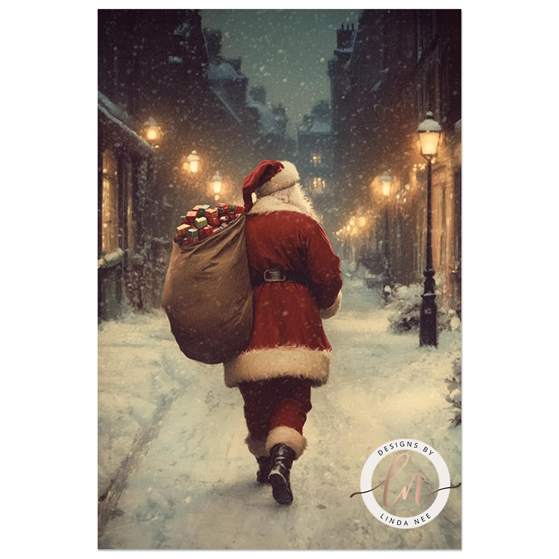 a man dressed as santa claus walking down a snowy street