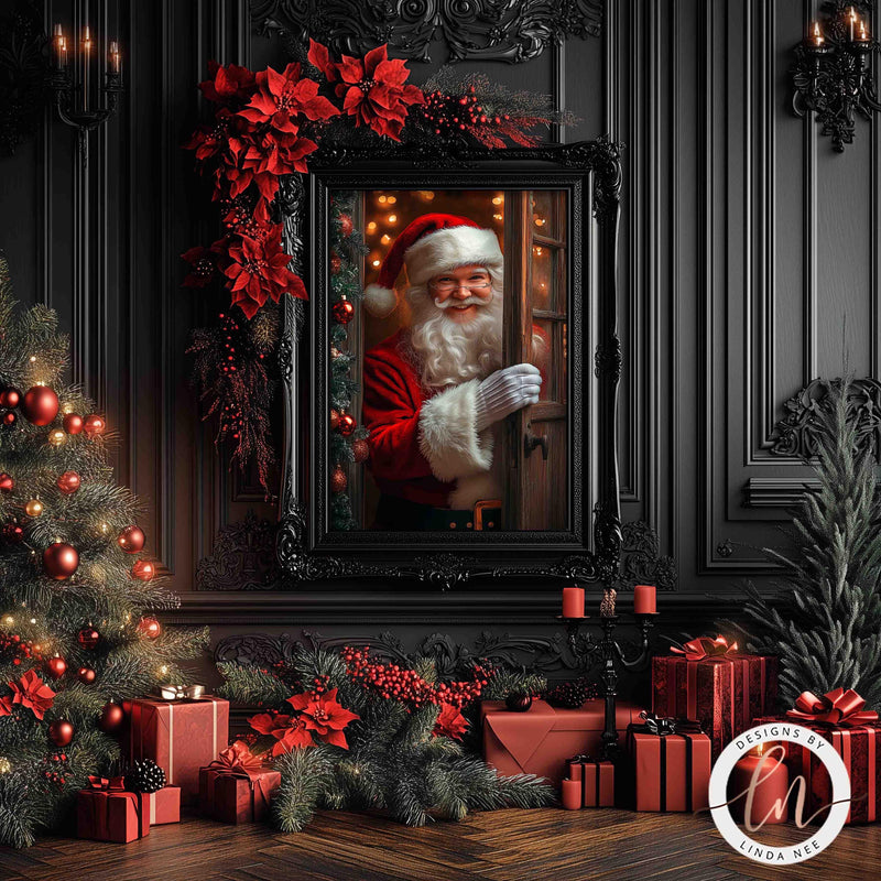 a painting of a santa clause in a frame surrounded by christmas decorations