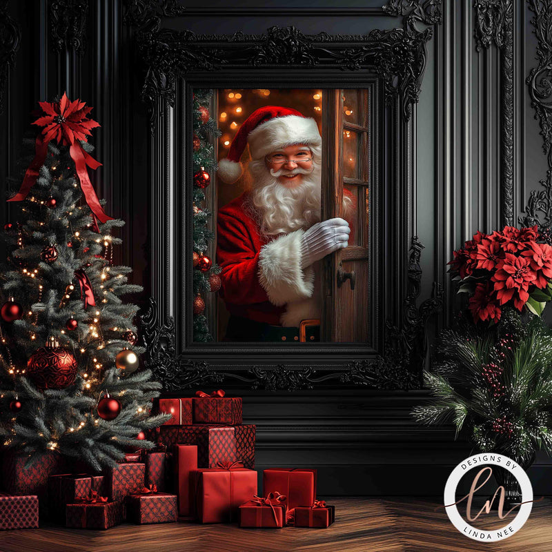 a painting of a santa clause with presents in front of a christmas tree