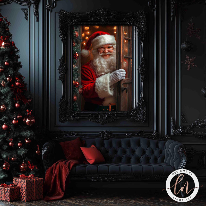 a painting of a santa claus looking out of a window