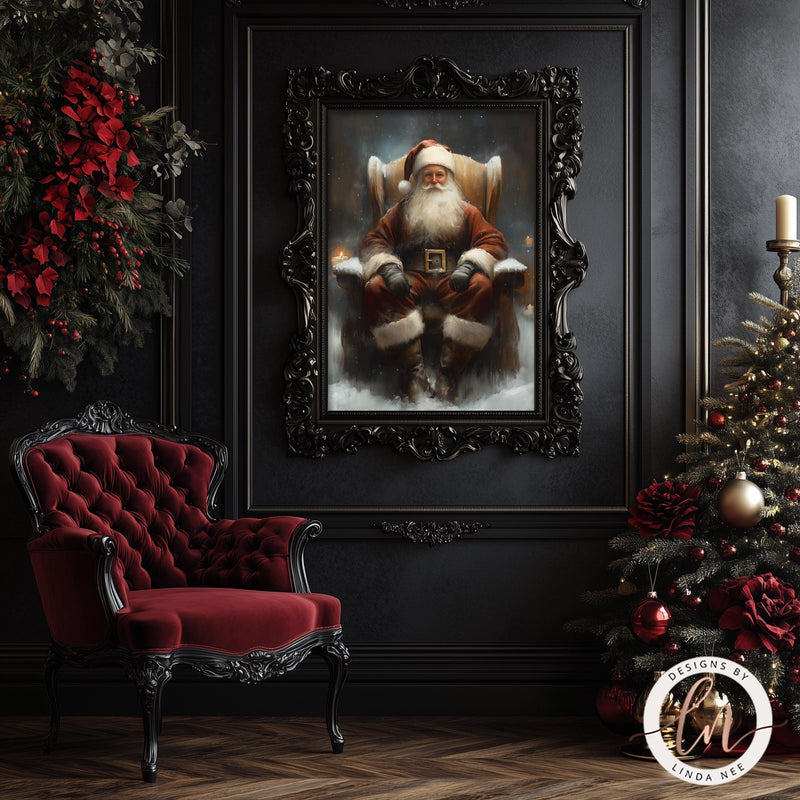 a painting of a santa clause sitting in a chair next to a christmas tree