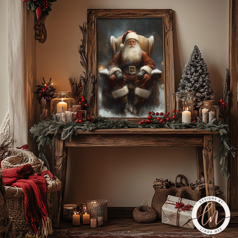 a painting of a santa clause sitting on a mantle