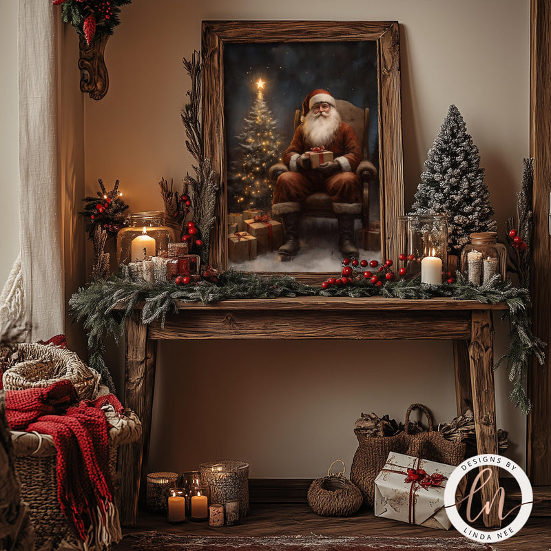 a painting of a santa clause sitting in a chair next to a fireplace