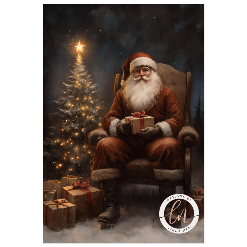 a painting of a santa sitting in a chair with a christmas tree in the background