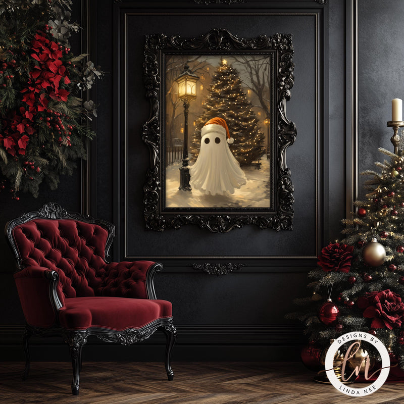 a christmas scene with a ghost and a christmas tree