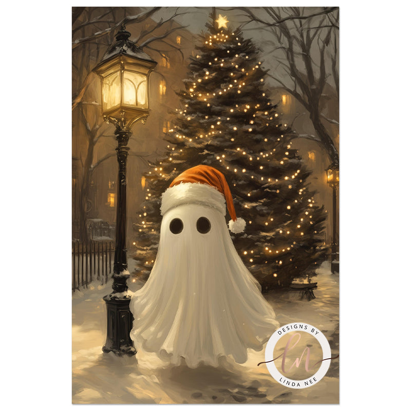 a picture of a ghost with a santa hat on