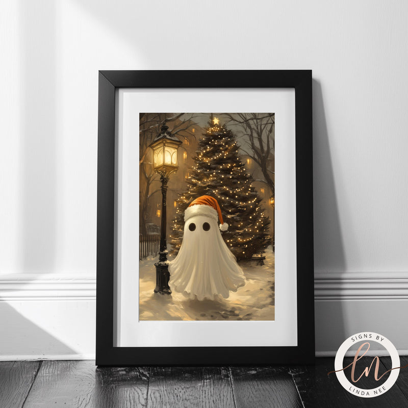 a picture of a ghost in front of a christmas tree