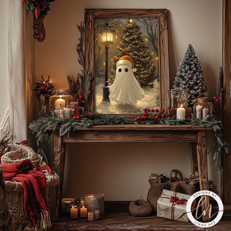 a decorated mantle with a painting of a ghost