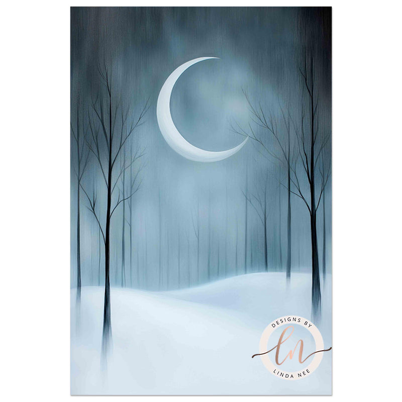 a painting of a snowy night with a crescent moon