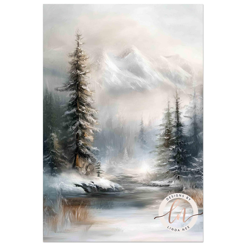 a painting of snow covered trees and a river