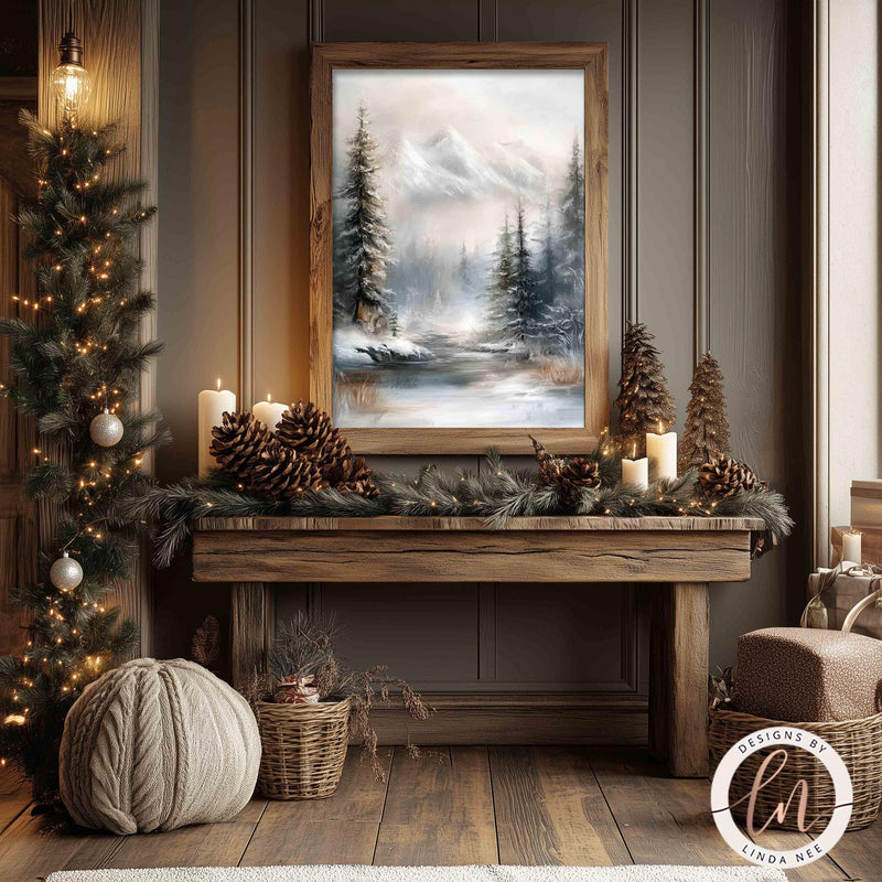 a picture of a winter scene with pine cones and candles