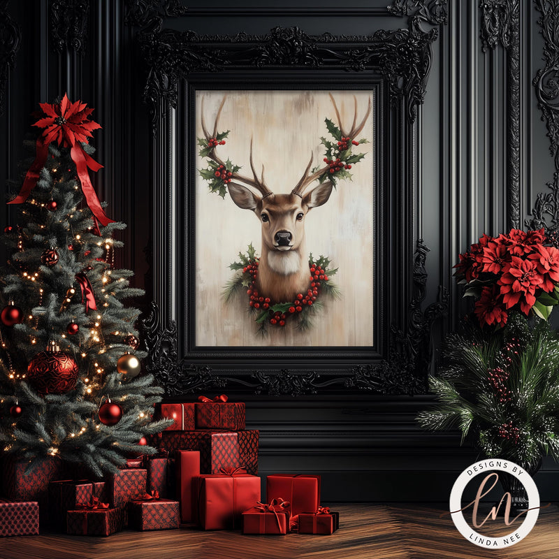 a painting of a deer with a wreath on it