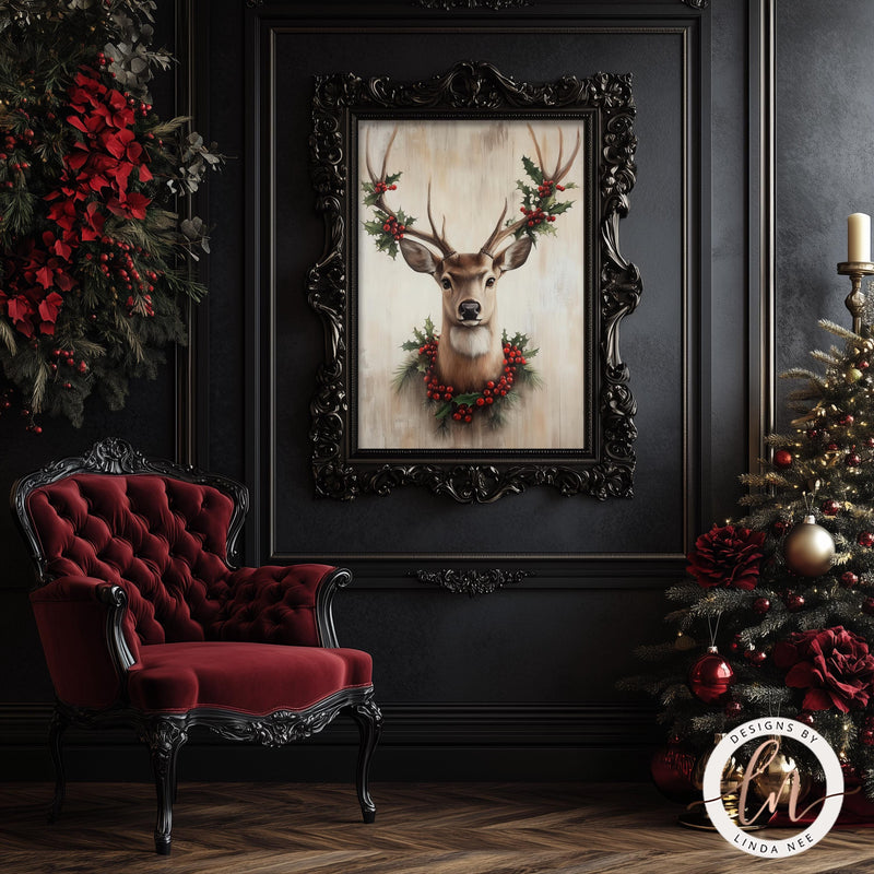 a painting of a deer with a wreath on its antlers