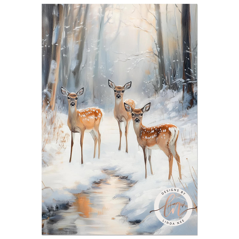 a painting of two deer in a snowy forest