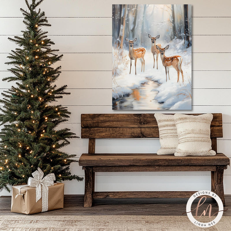 a bench with a christmas tree and a painting on the wall