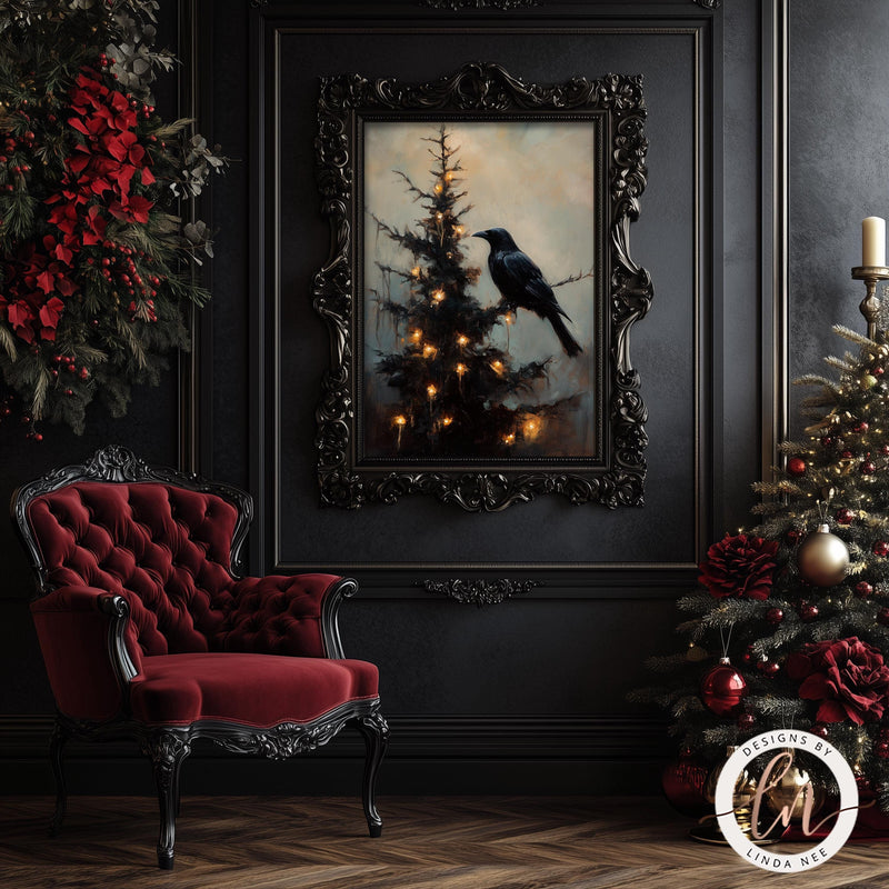 a painting of a bird sitting on a christmas tree