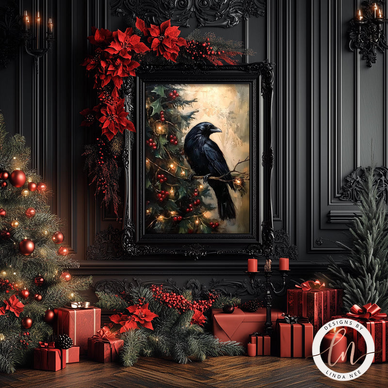 a painting of a black bird on a christmas tree