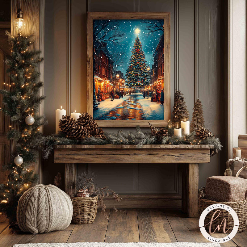 a painting of a christmas tree in a living room