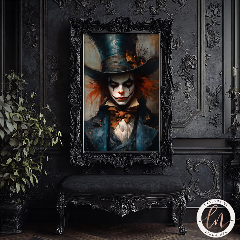 a painting of a clown with a top hat and bow tie