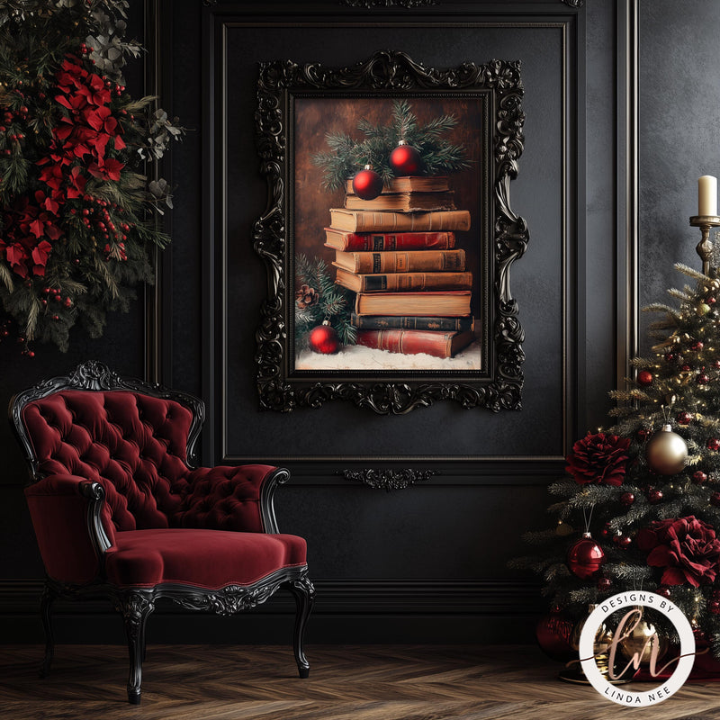 a room decorated for christmas with a christmas tree and a red chair