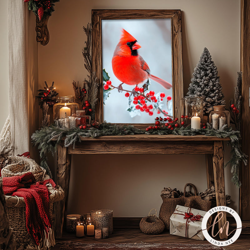 a picture of a cardinal sitting on a mantle