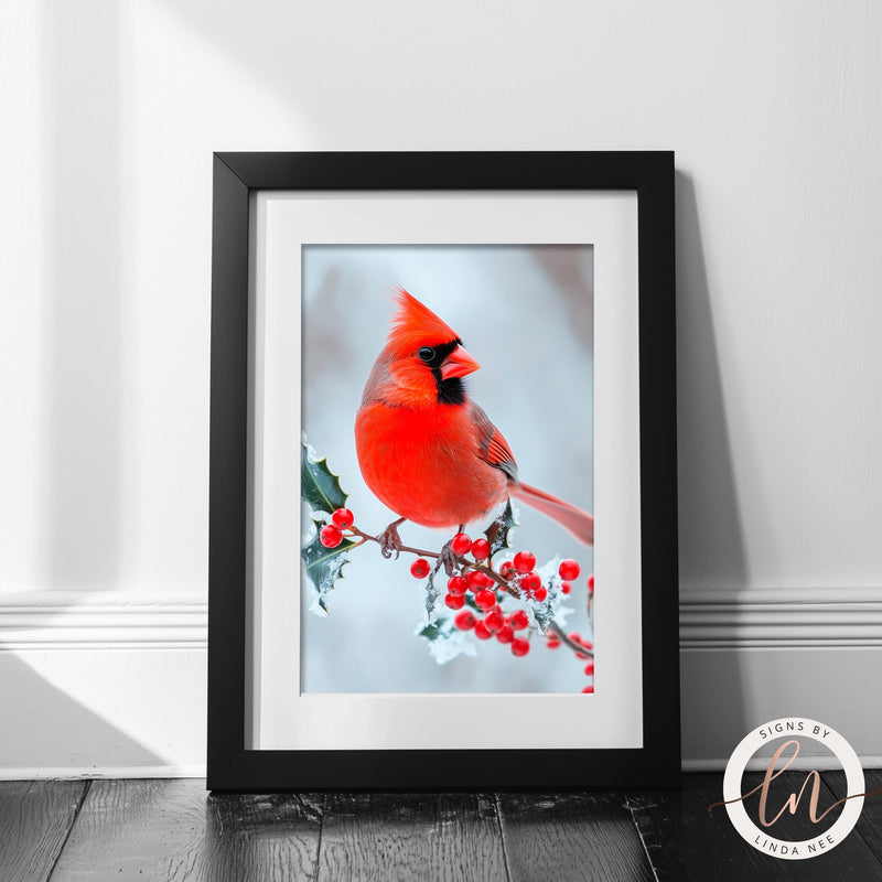 a picture of a cardinal sitting on a branch with berries