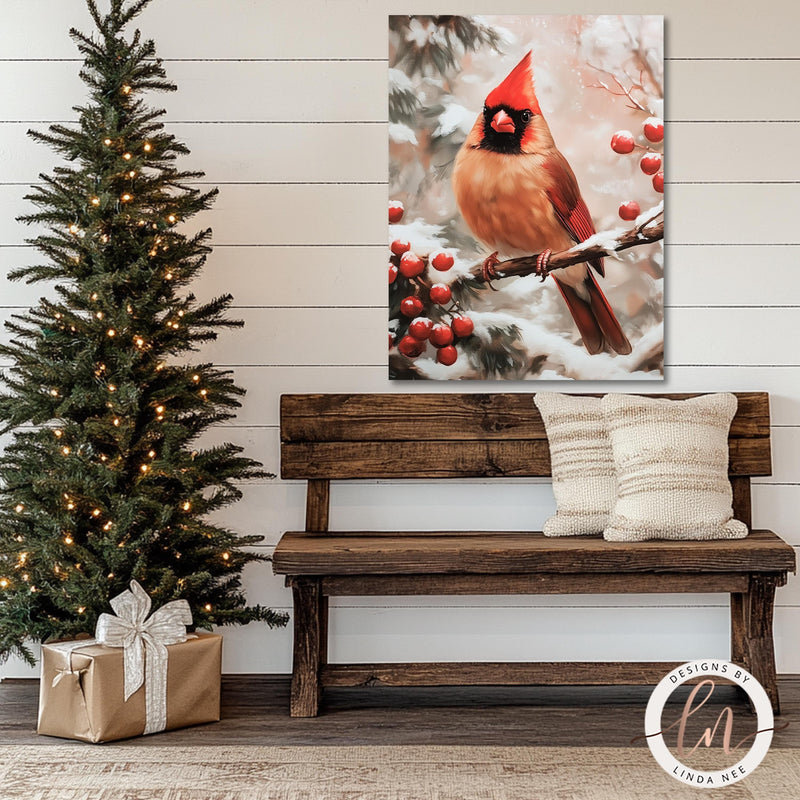 a painting of a cardinal sitting on a bench next to a christmas tree