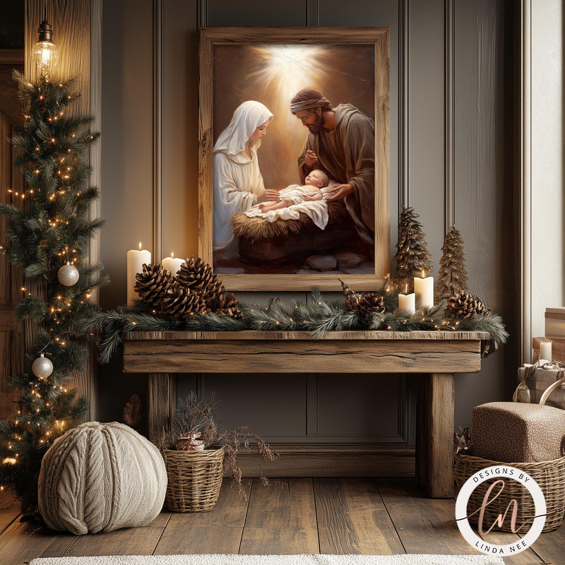 a painting of a manger scene with a baby in a manger surrounded by