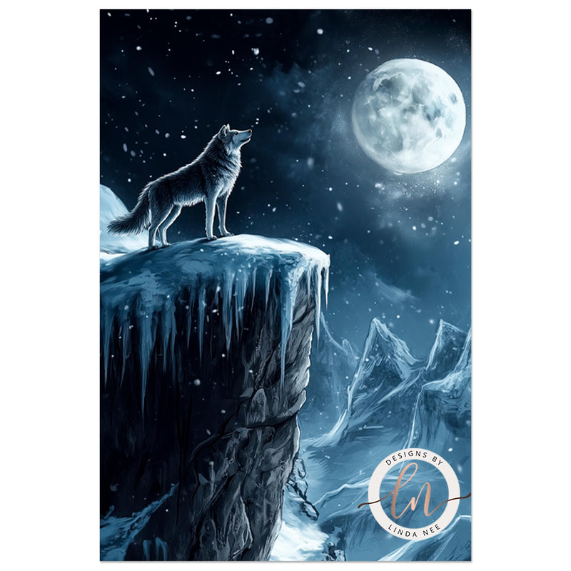 a wolf standing on top of a cliff under a full moon