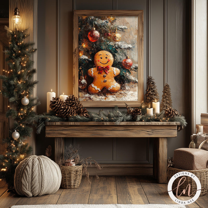 a painting of a gingerbread man in front of a christmas tree