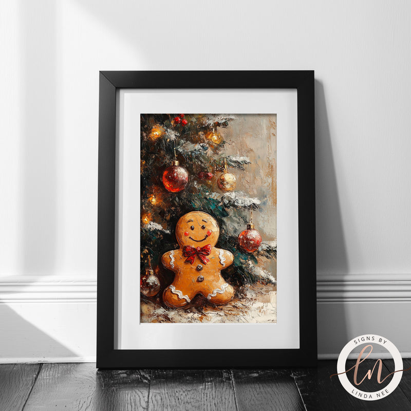 a picture of a gingerbread man in front of a christmas tree