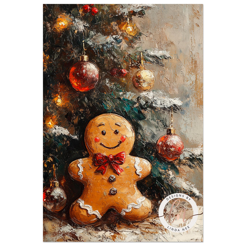 a painting of a gingerbread man next to a christmas tree