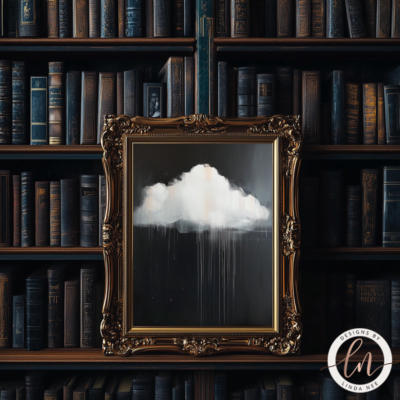 a painting of a cloud in front of a bookshelf