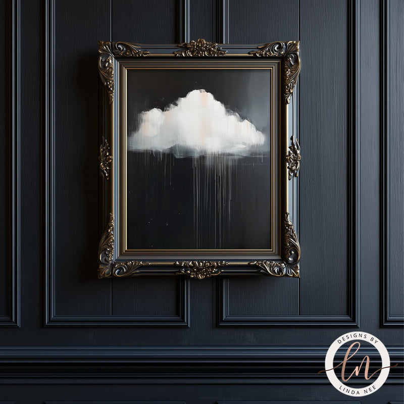 a painting of a cloud hangs on a wall